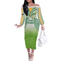 Custom Cook Islands Rugby League Family Matching Off The Shoulder Long Sleeve Dress and Hawaiian Shirt Tatau Tribal Motifs-Light Green Color LT03 Mom's Dress Green - Polynesian Pride