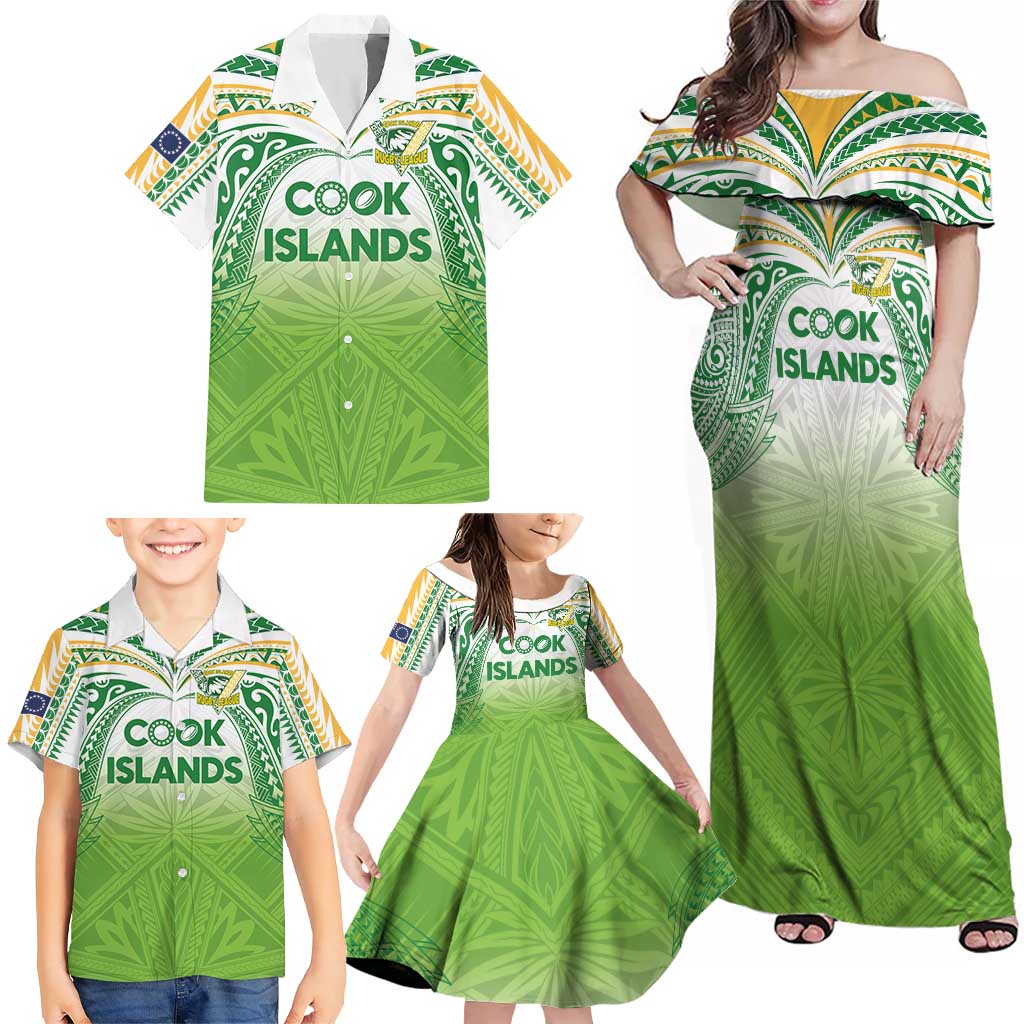 Custom Cook Islands Rugby League Family Matching Off Shoulder Maxi Dress and Hawaiian Shirt Tatau Tribal Motifs-Light Green Color - Polynesian Pride