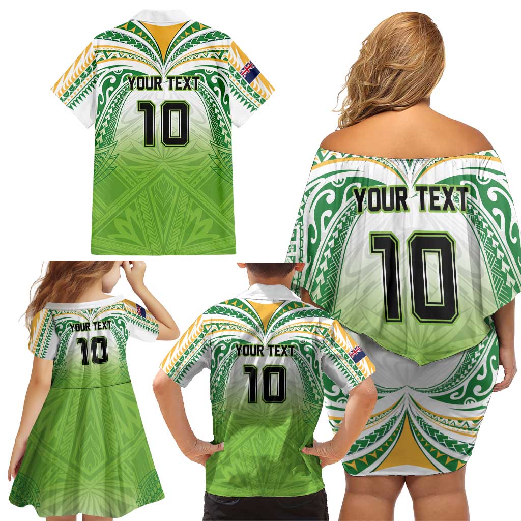 Custom Cook Islands Rugby League Family Matching Off Shoulder Short Dress and Hawaiian Shirt Tatau Tribal Motifs-Light Green Color - Polynesian Pride