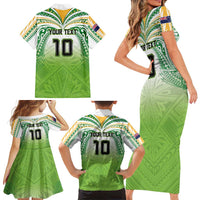 Custom Cook Islands Rugby League Family Matching Short Sleeve Bodycon Dress and Hawaiian Shirt Tatau Tribal Motifs-Light Green Color - Polynesian Pride