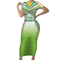 Custom Cook Islands Rugby League Family Matching Short Sleeve Bodycon Dress and Hawaiian Shirt Tatau Tribal Motifs-Light Green Color - Polynesian Pride