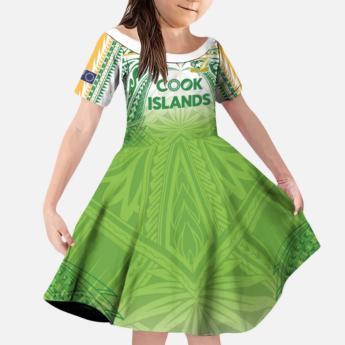 Custom Cook Islands Rugby League Kid Short Sleeve Dress Tatau Tribal Motifs-Light Green Color LT03 KID Green - Polynesian Pride