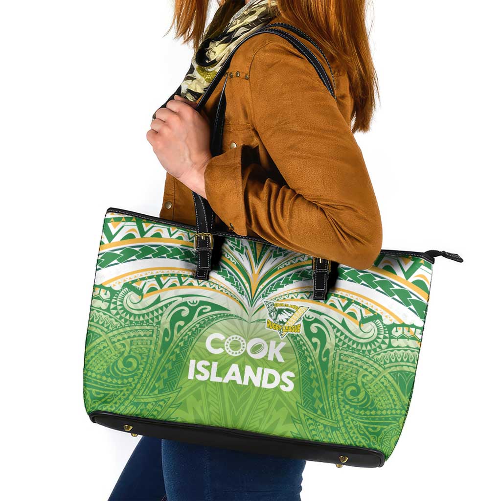 Cook Islands Rugby League Leather Tote Bag Tatau Tribal Motifs-Light Green Color LT03 Green - Polynesian Pride