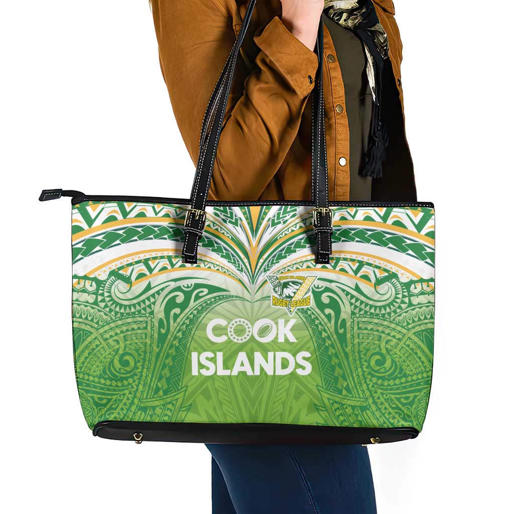 Cook Islands Rugby League Leather Tote Bag Tatau Tribal Motifs-Light Green Color LT03 - Polynesian Pride