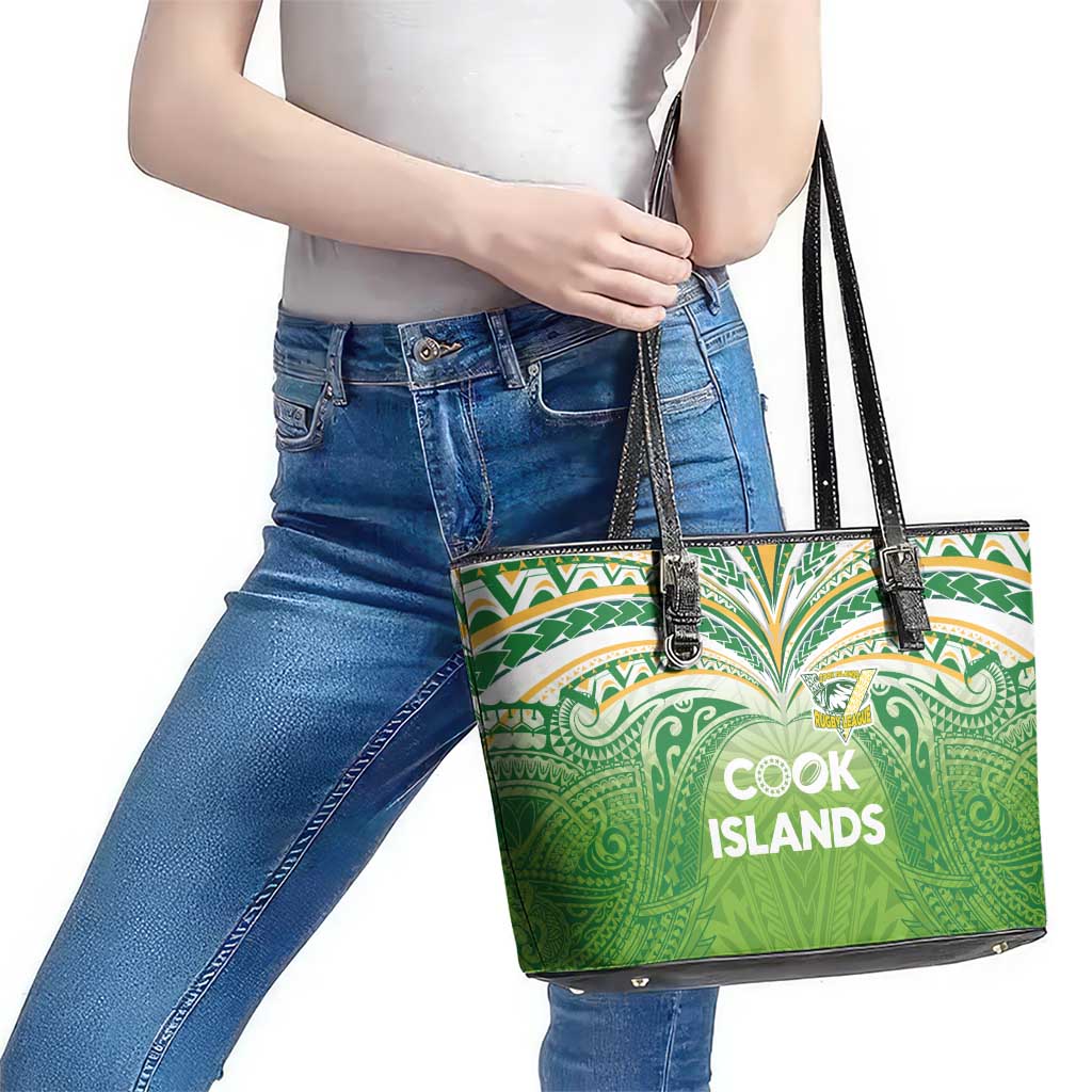 Cook Islands Rugby League Leather Tote Bag Tatau Tribal Motifs-Light Green Color LT03 - Polynesian Pride