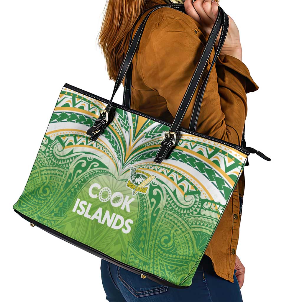 Cook Islands Rugby League Leather Tote Bag Tatau Tribal Motifs-Light Green Color LT03 - Polynesian Pride