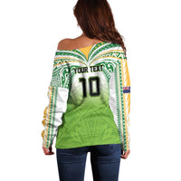 Custom Cook Islands Rugby League Off Shoulder Sweater Tatau Tribal Motifs-Light Green Color - Polynesian Pride