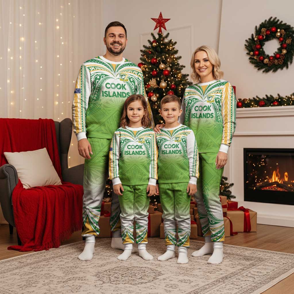 Custom Cook Islands Rugby League Christmas Pajama Set Tatau Tribal Motifs-Light Green Color - Polynesian Pride