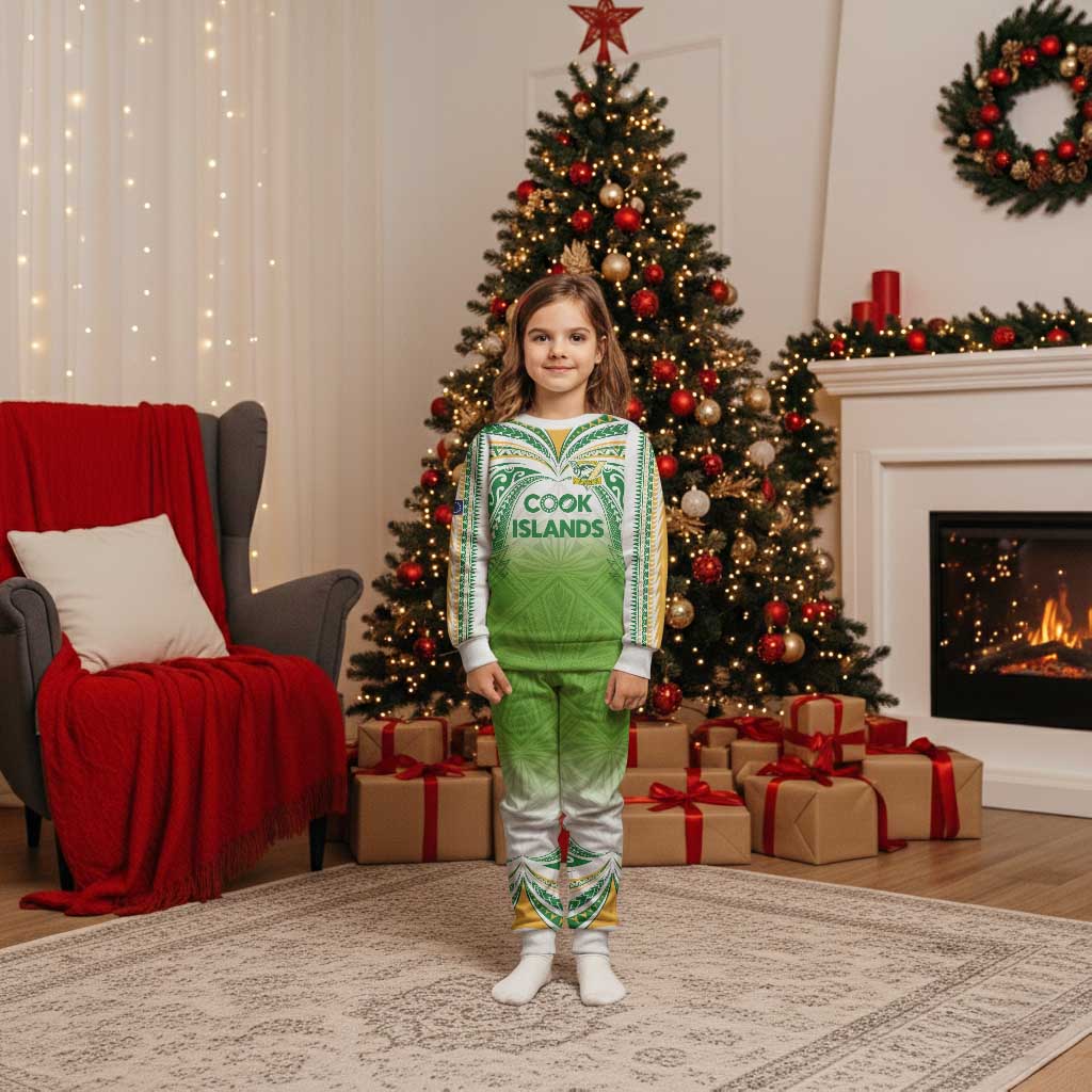 Custom Cook Islands Rugby League Christmas Pajama Set Tatau Tribal Motifs-Light Green Color - Polynesian Pride