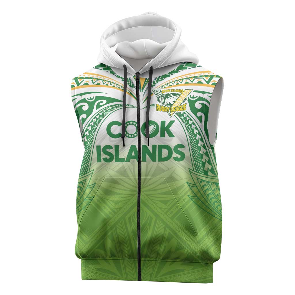 Custom Cook Islands Rugby League Sleeveless Zip Hoodie Tatau Tribal Motifs-Light Green Color - Polynesian Pride
