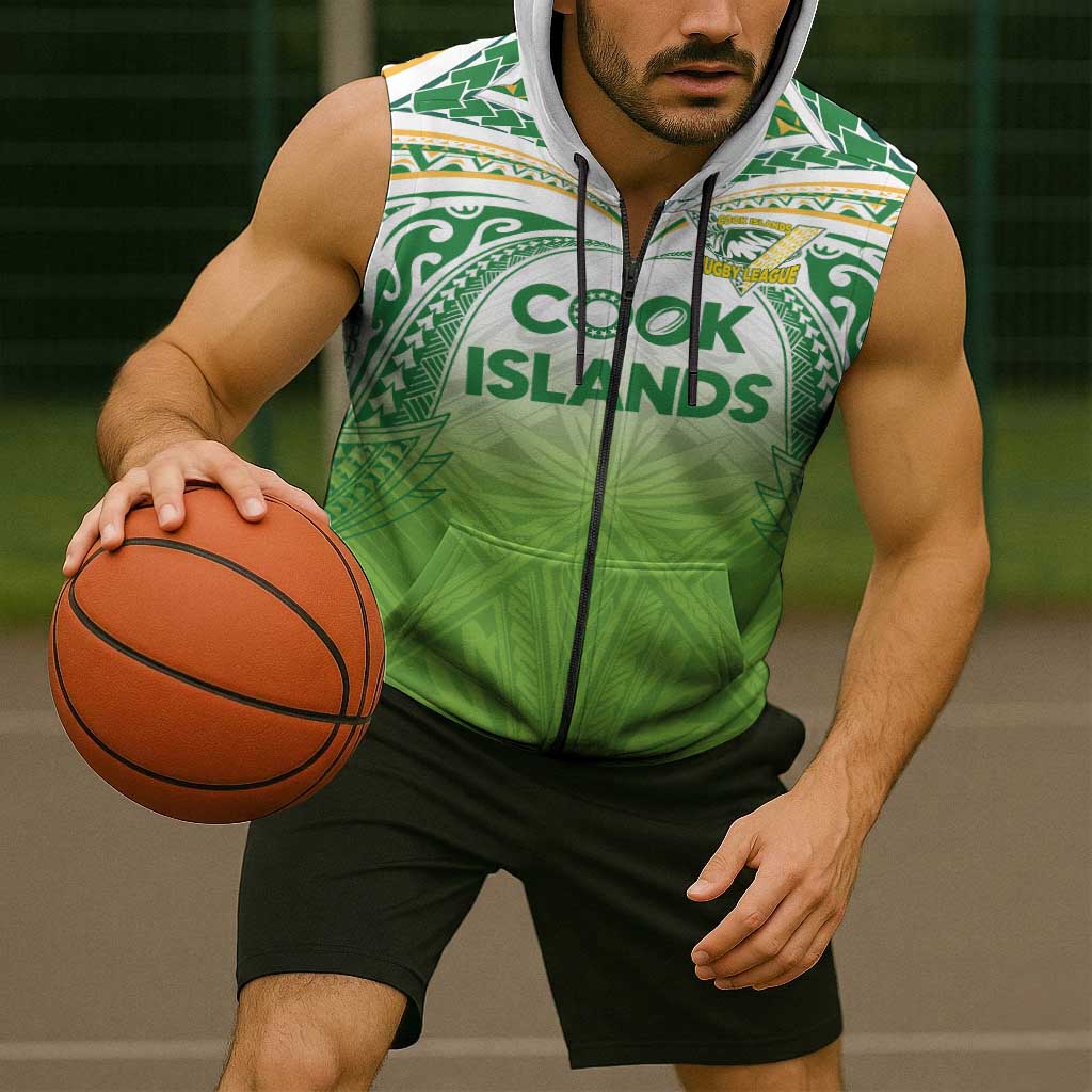 Custom Cook Islands Rugby League Sleeveless Zip Hoodie Tatau Tribal Motifs-Light Green Color - Polynesian Pride