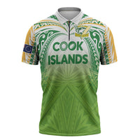 Custom Cook Islands Rugby League Zipper Polo Shirt Tatau Tribal Motifs-Light Green Color - Polynesian Pride