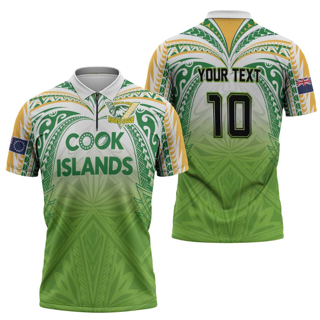 Custom Cook Islands Rugby League Zipper Polo Shirt Tatau Tribal Motifs-Light Green Color - Polynesian Pride