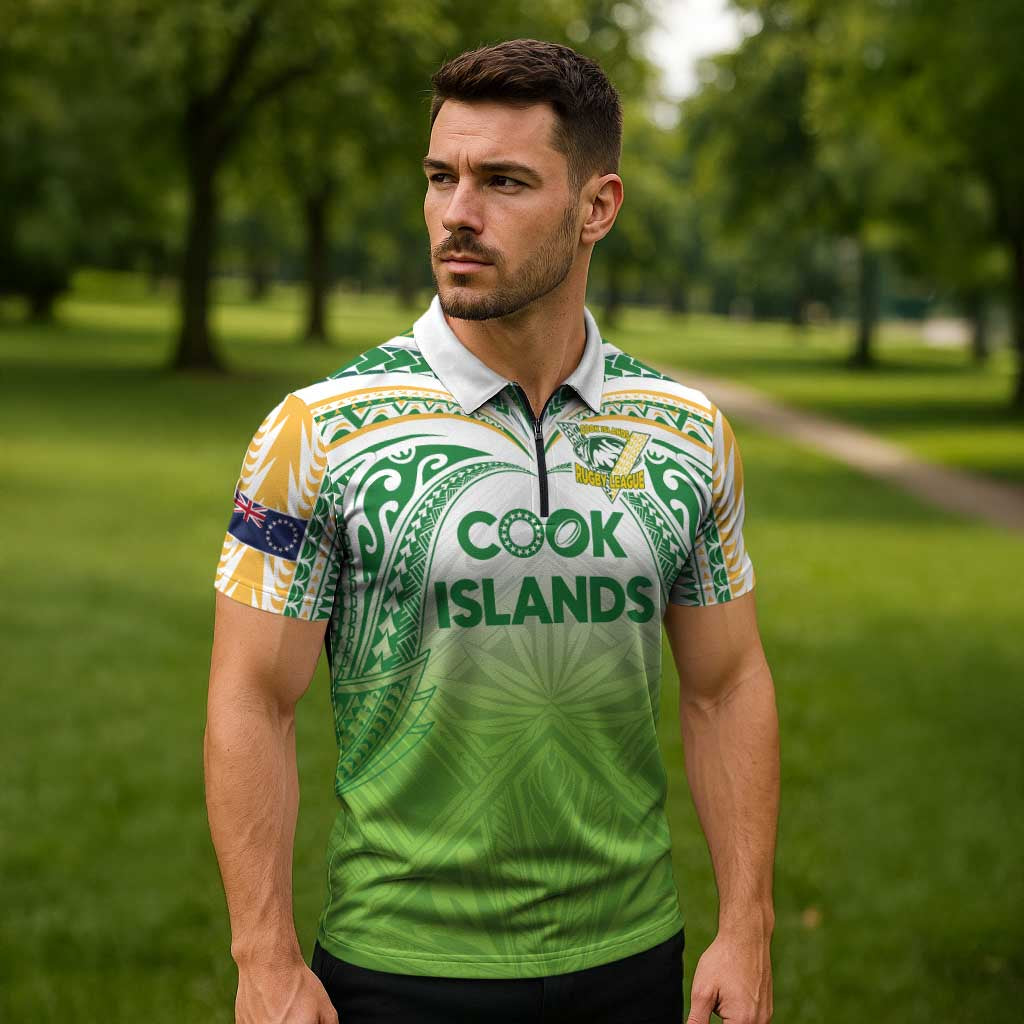Custom Cook Islands Rugby League Zipper Polo Shirt Tatau Tribal Motifs-Light Green Color - Polynesian Pride