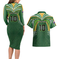 Custom Cook Islands Rugby League Couples Matching Long Sleeve Bodycon Dress and Hawaiian Shirt Tatau Tribal Motifs-Dark Green Color - Polynesian Pride