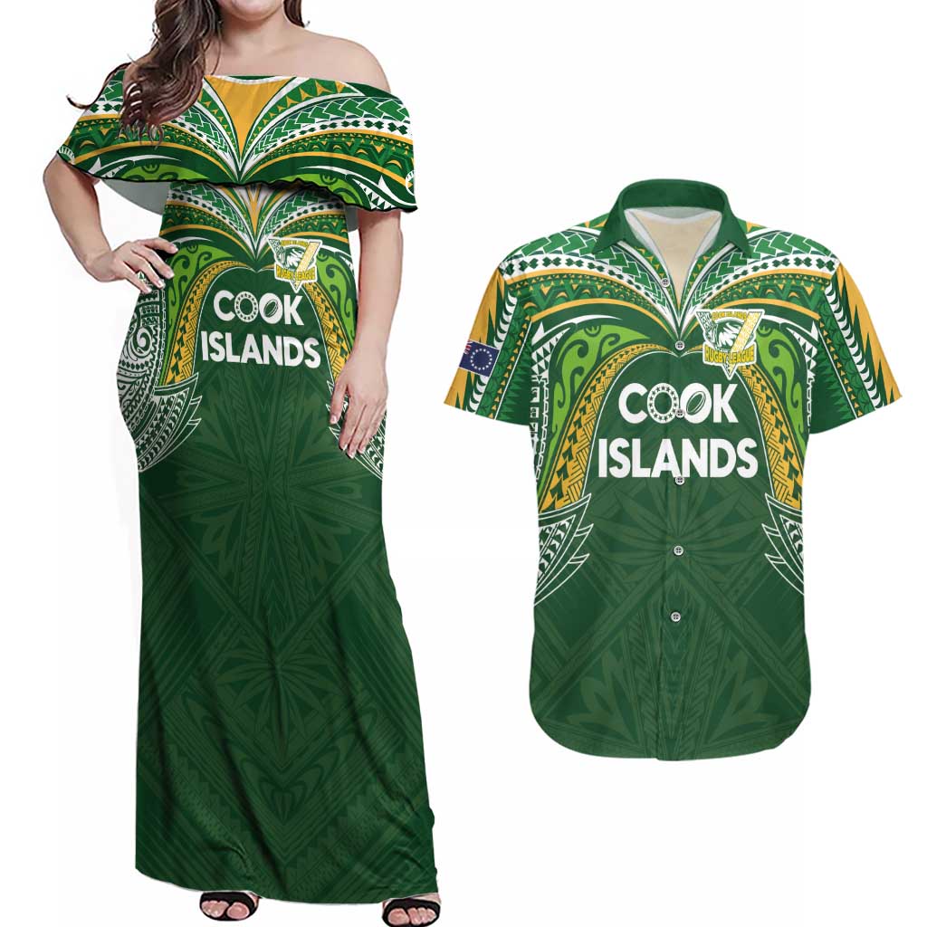 Custom Cook Islands Rugby League Couples Matching Off Shoulder Maxi Dress and Hawaiian Shirt Tatau Tribal Motifs-Dark Green Color - Polynesian Pride