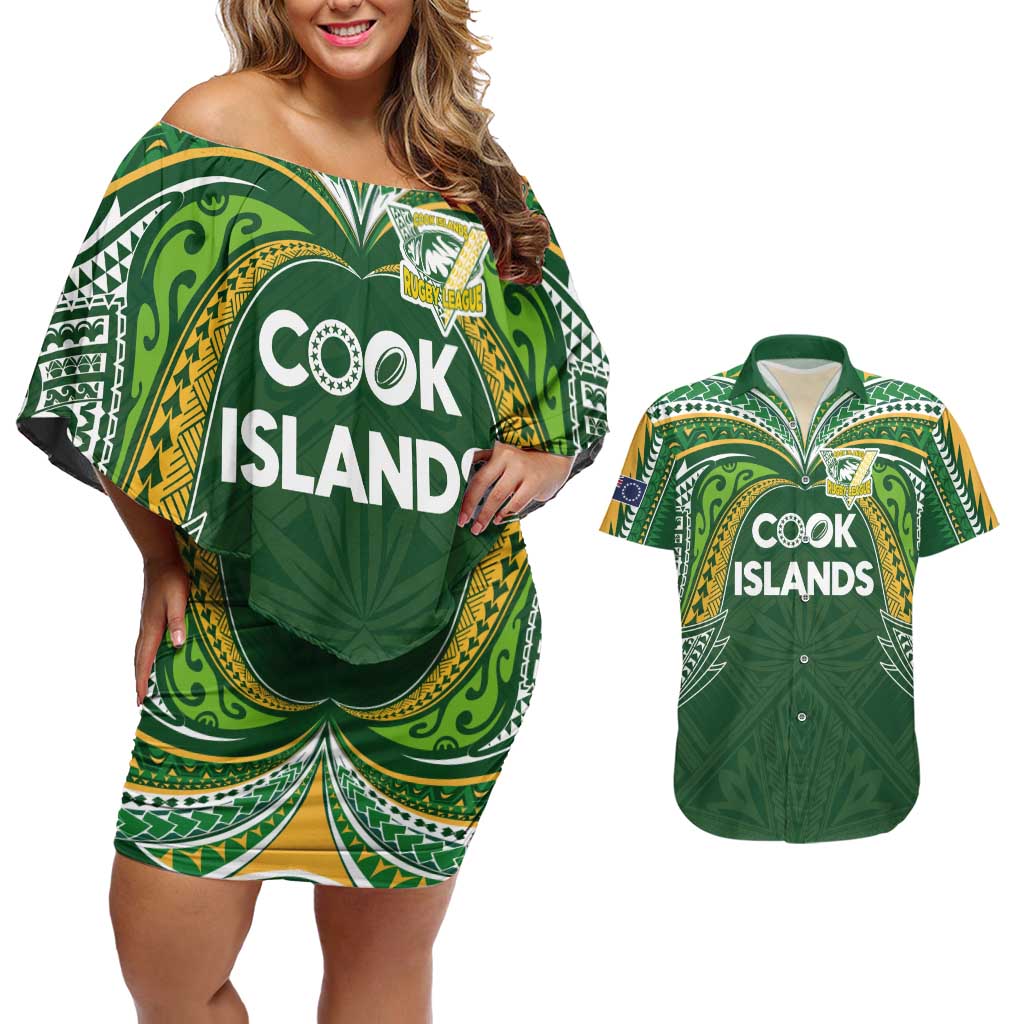 Custom Cook Islands Rugby League Couples Matching Off Shoulder Short Dress and Hawaiian Shirt Tatau Tribal Motifs-Dark Green Color - Polynesian Pride