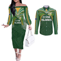 Custom Cook Islands Rugby League Couples Matching Off The Shoulder Long Sleeve Dress and Long Sleeve Button Shirt Tatau Tribal Motifs-Dark Green Color LT03 Green - Polynesian Pride