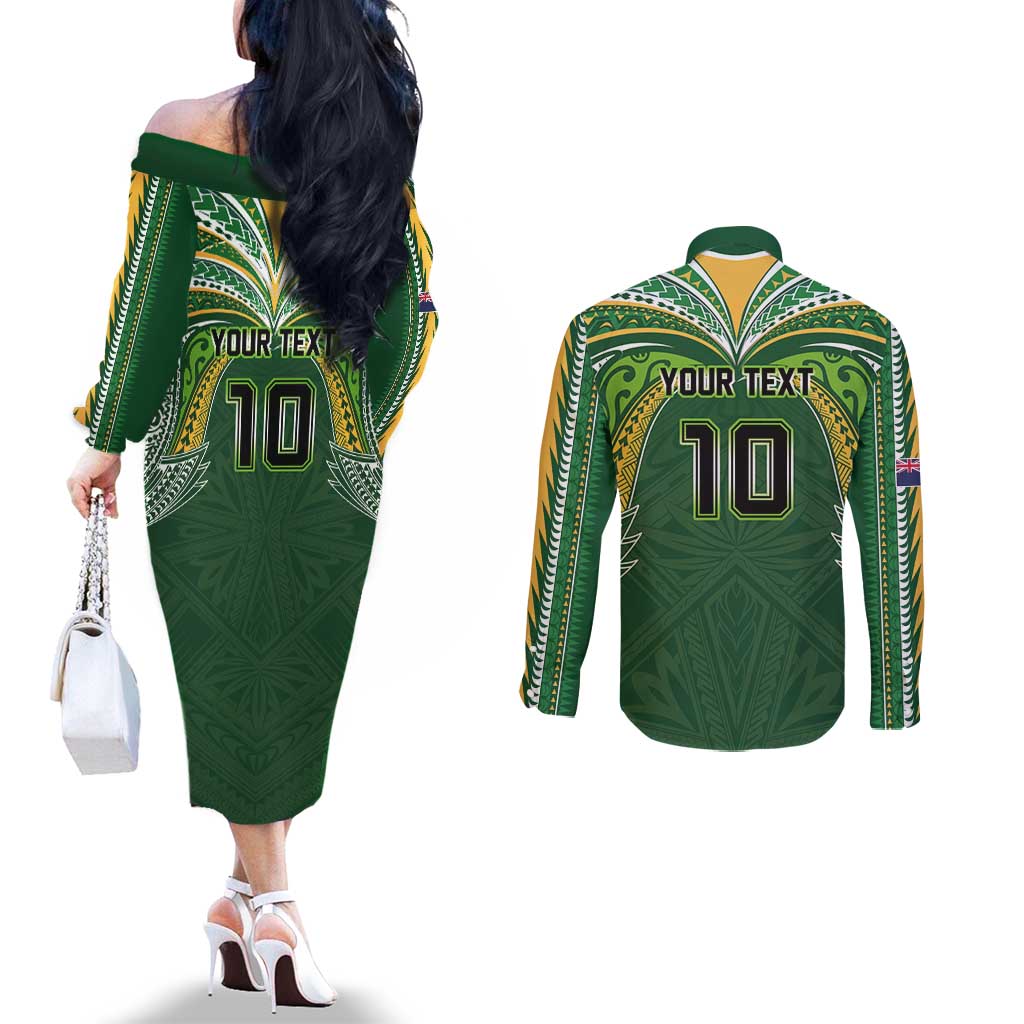 Custom Cook Islands Rugby League Couples Matching Off The Shoulder Long Sleeve Dress and Long Sleeve Button Shirt Tatau Tribal Motifs-Dark Green Color LT03 - Polynesian Pride