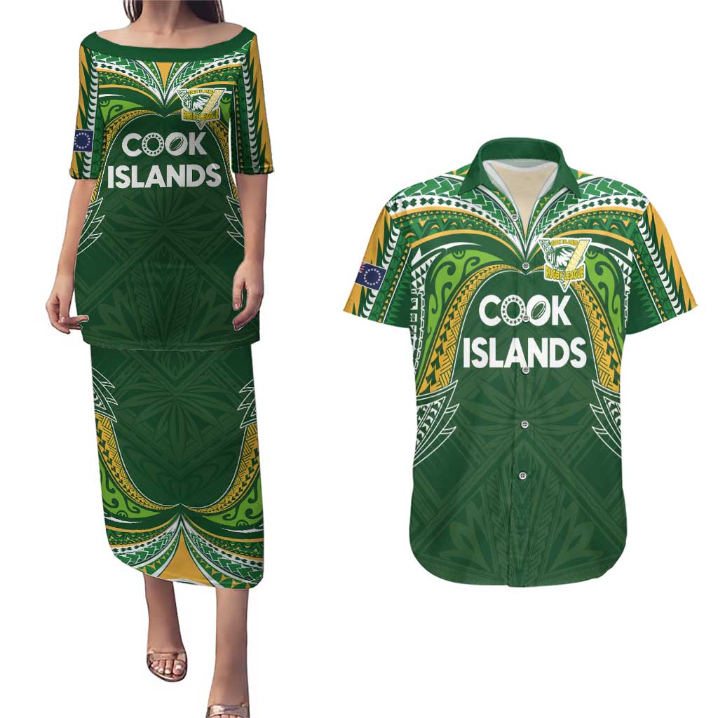 Custom Cook Islands Rugby League Couples Matching Puletasi and Hawaiian Shirt Tatau Tribal Motifs-Dark Green Color - Polynesian Pride
