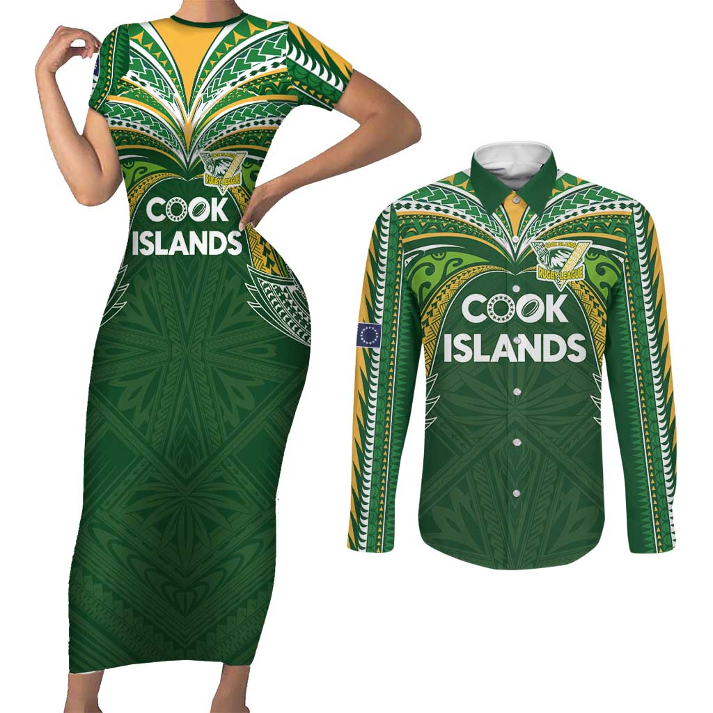 Custom Cook Islands Rugby League Couples Matching Short Sleeve Bodycon Dress and Long Sleeve Button Shirt Tatau Tribal Motifs-Dark Green Color - Polynesian Pride
