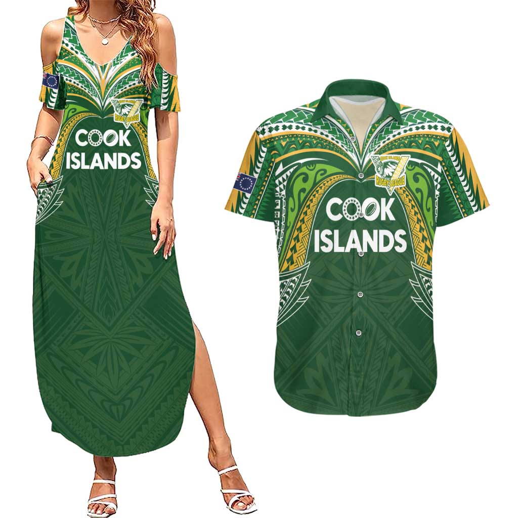 Custom Cook Islands Rugby League Couples Matching Summer Maxi Dress and Hawaiian Shirt Tatau Tribal Motifs-Dark Green Color LT03 Green - Polynesian Pride