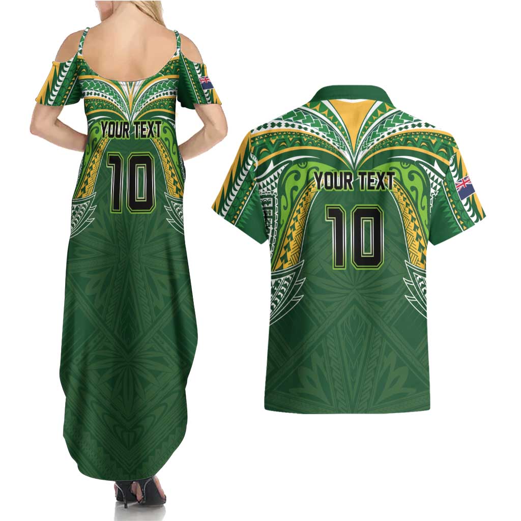 Custom Cook Islands Rugby League Couples Matching Summer Maxi Dress and Hawaiian Shirt Tatau Tribal Motifs-Dark Green Color LT03 - Polynesian Pride