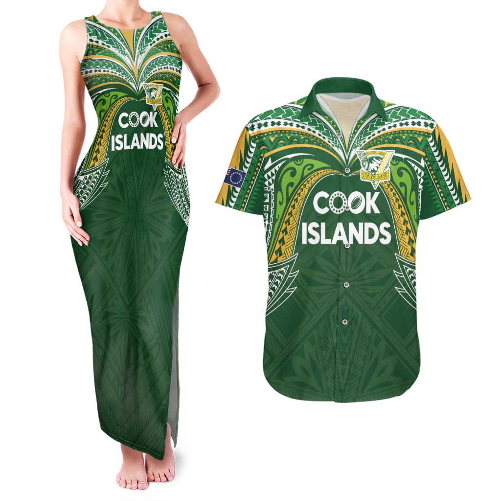Custom Cook Islands Rugby League Couples Matching Tank Maxi Dress and Hawaiian Shirt Tatau Tribal Motifs-Dark Green Color - Polynesian Pride
