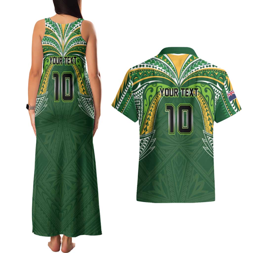 Custom Cook Islands Rugby League Couples Matching Tank Maxi Dress and Hawaiian Shirt Tatau Tribal Motifs-Dark Green Color - Polynesian Pride