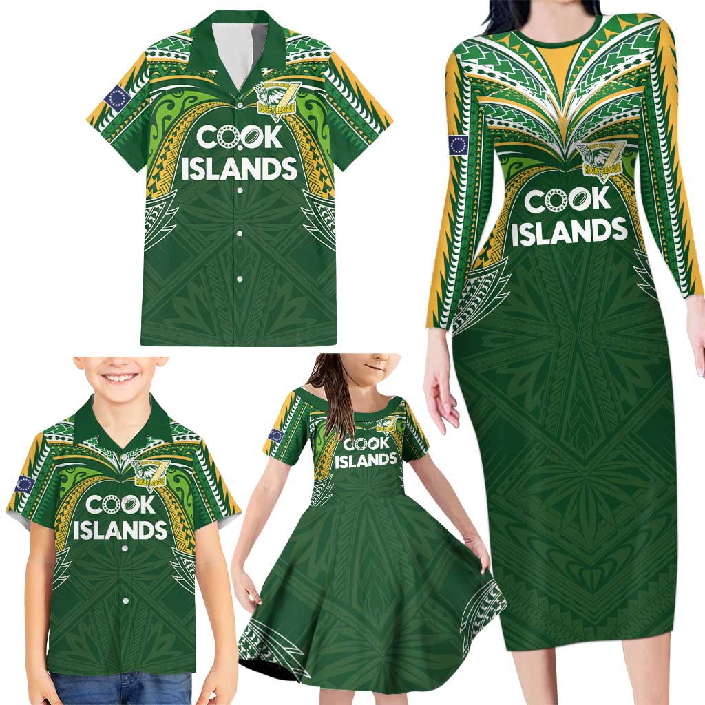 Custom Cook Islands Rugby League Family Matching Long Sleeve Bodycon Dress and Hawaiian Shirt Tatau Tribal Motifs-Dark Green Color - Polynesian Pride
