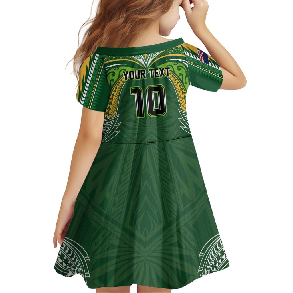 Custom Cook Islands Rugby League Family Matching Off The Shoulder Long Sleeve Dress and Hawaiian Shirt Tatau Tribal Motifs-Dark Green Color LT03 - Polynesian Pride