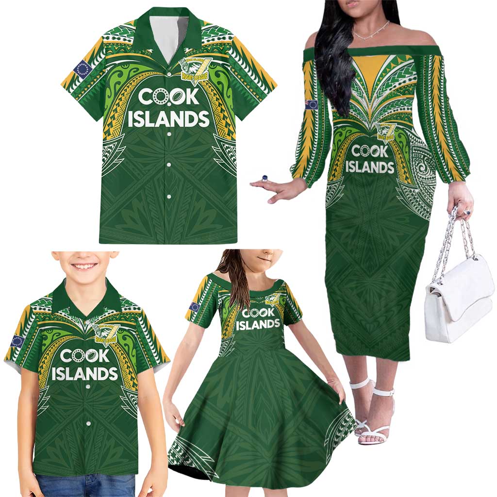 Custom Cook Islands Rugby League Family Matching Off The Shoulder Long Sleeve Dress and Hawaiian Shirt Tatau Tribal Motifs-Dark Green Color LT03 - Polynesian Pride