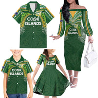 Custom Cook Islands Rugby League Family Matching Off The Shoulder Long Sleeve Dress and Hawaiian Shirt Tatau Tribal Motifs-Dark Green Color LT03 - Polynesian Pride