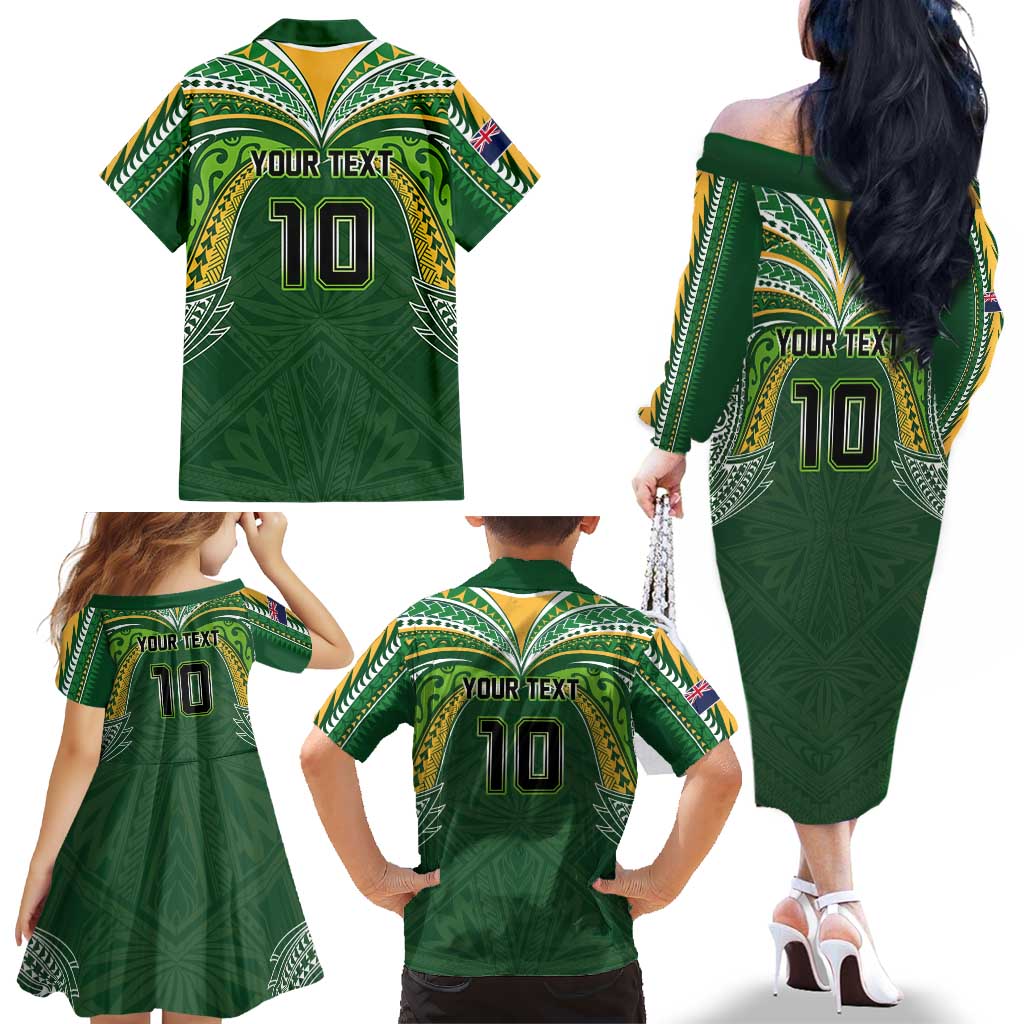 Custom Cook Islands Rugby League Family Matching Off The Shoulder Long Sleeve Dress and Hawaiian Shirt Tatau Tribal Motifs-Dark Green Color LT03 - Polynesian Pride