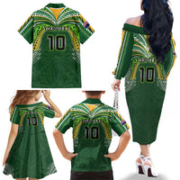 Custom Cook Islands Rugby League Family Matching Off The Shoulder Long Sleeve Dress and Hawaiian Shirt Tatau Tribal Motifs-Dark Green Color LT03 - Polynesian Pride