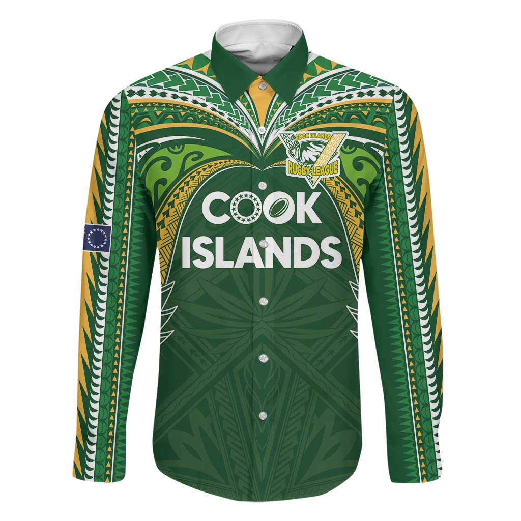Custom Cook Islands Rugby League Family Matching Off The Shoulder Long Sleeve Dress and Hawaiian Shirt Tatau Tribal Motifs-Dark Green Color LT03 Dad's Shirt - Long Sleeve Green - Polynesian Pride