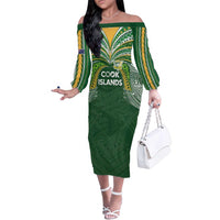 Custom Cook Islands Rugby League Family Matching Off The Shoulder Long Sleeve Dress and Hawaiian Shirt Tatau Tribal Motifs-Dark Green Color LT03 Mom's Dress Green - Polynesian Pride