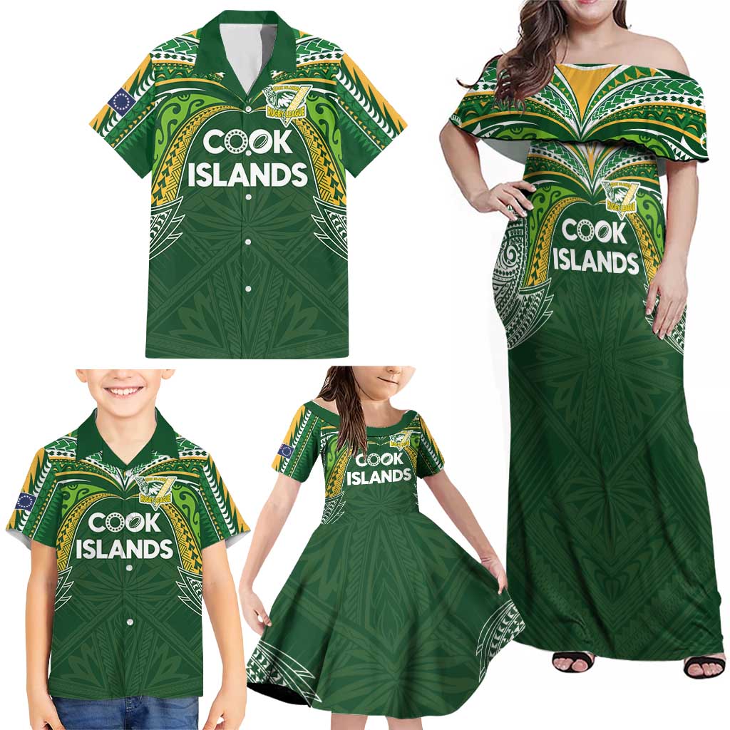 Custom Cook Islands Rugby League Family Matching Off Shoulder Maxi Dress and Hawaiian Shirt Tatau Tribal Motifs-Dark Green Color - Polynesian Pride