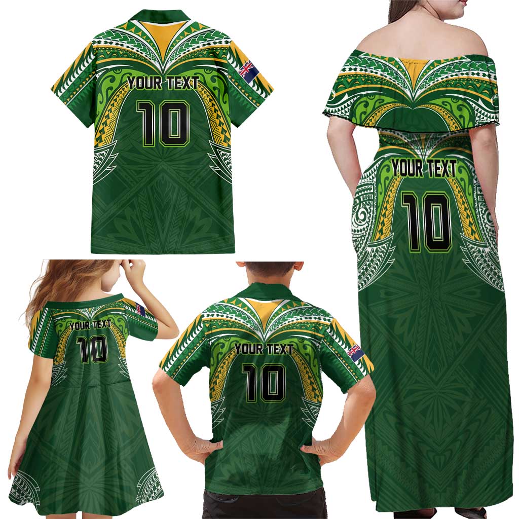 Custom Cook Islands Rugby League Family Matching Off Shoulder Maxi Dress and Hawaiian Shirt Tatau Tribal Motifs-Dark Green Color - Polynesian Pride