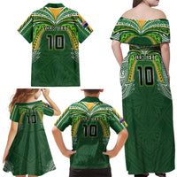 Custom Cook Islands Rugby League Family Matching Off Shoulder Maxi Dress and Hawaiian Shirt Tatau Tribal Motifs-Dark Green Color - Polynesian Pride
