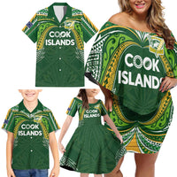 Custom Cook Islands Rugby League Family Matching Off Shoulder Short Dress and Hawaiian Shirt Tatau Tribal Motifs-Dark Green Color - Polynesian Pride