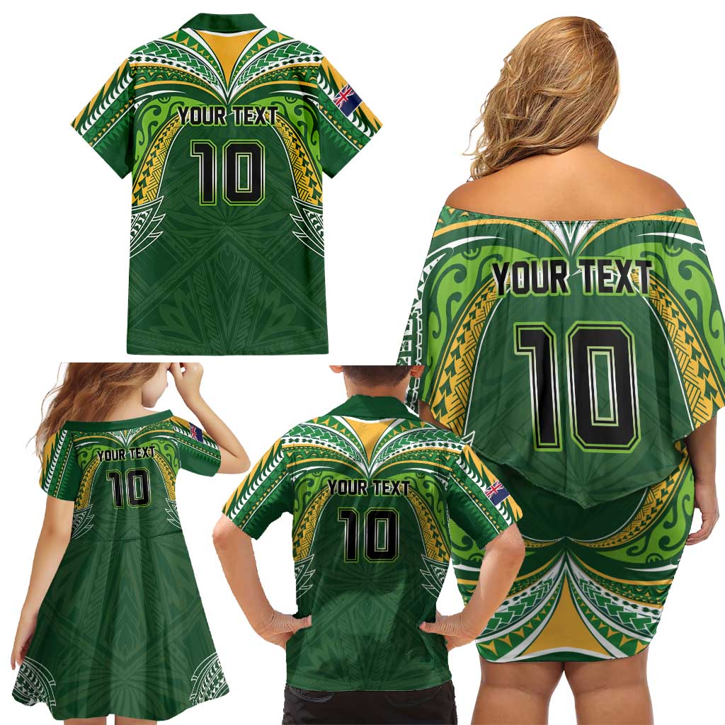 Custom Cook Islands Rugby League Family Matching Off Shoulder Short Dress and Hawaiian Shirt Tatau Tribal Motifs-Dark Green Color - Polynesian Pride