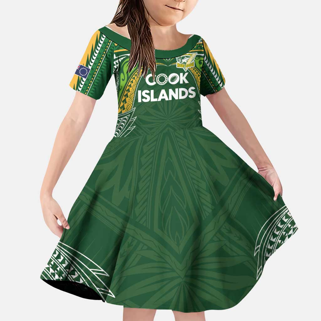 Custom Cook Islands Rugby League Family Matching Puletasi and Hawaiian Shirt Tatau Tribal Motifs-Dark Green Color LT03 Daughter's Dress Green - Polynesian Pride