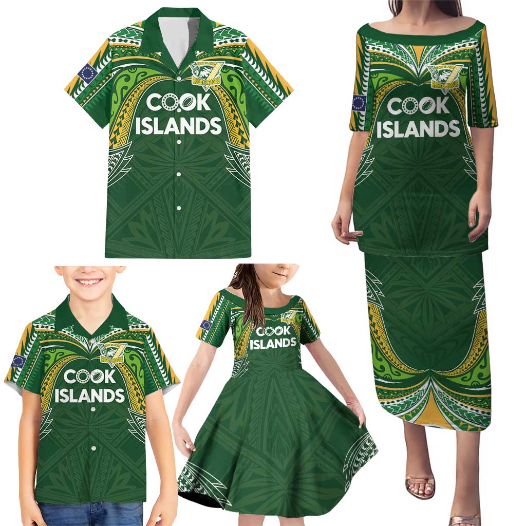 Custom Cook Islands Rugby League Family Matching Puletasi and Hawaiian Shirt Tatau Tribal Motifs-Dark Green Color LT03 - Polynesian Pride