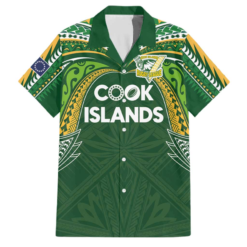 Custom Cook Islands Rugby League Family Matching Puletasi and Hawaiian Shirt Tatau Tribal Motifs-Dark Green Color LT03 Dad's Shirt - Short Sleeve Green - Polynesian Pride