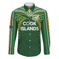 Custom Cook Islands Rugby League Family Matching Puletasi and Hawaiian Shirt Tatau Tribal Motifs-Dark Green Color LT03 Dad's Shirt - Long Sleeve Green - Polynesian Pride