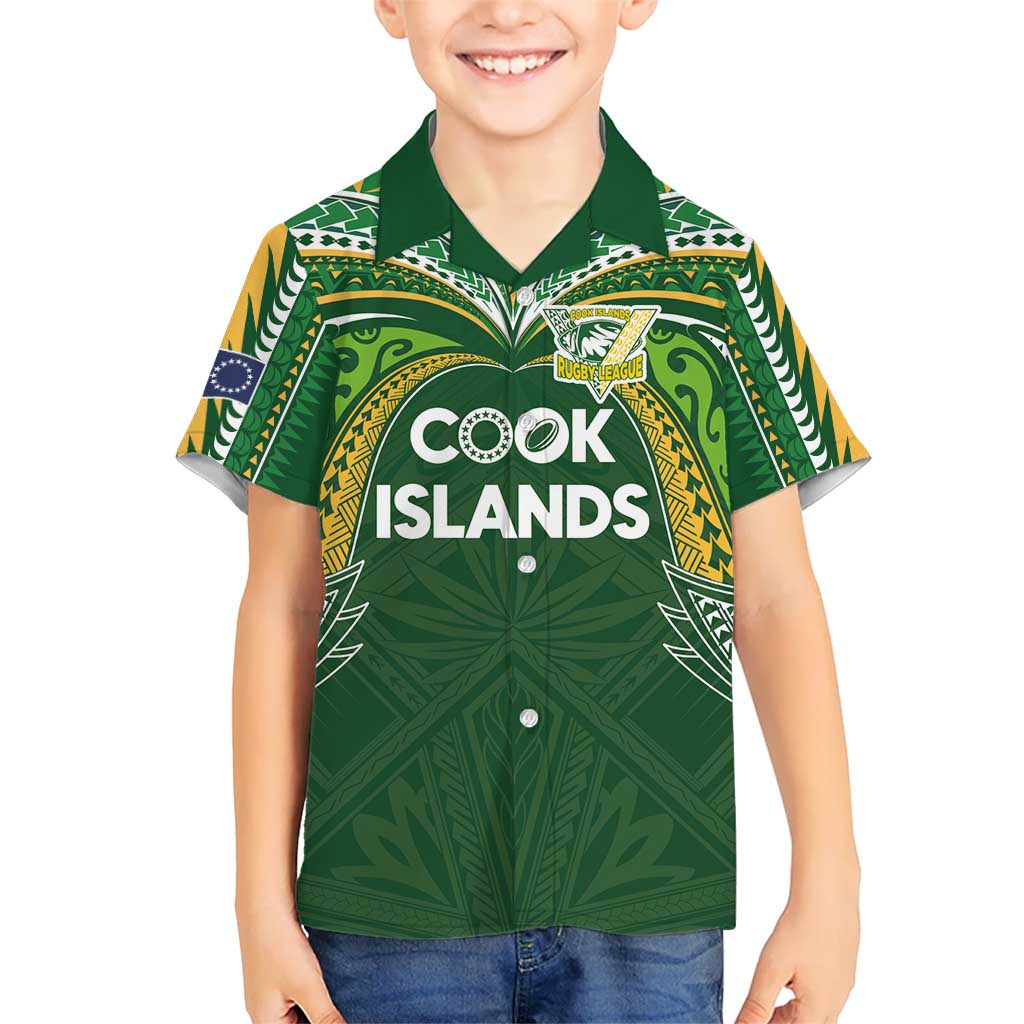 Custom Cook Islands Rugby League Family Matching Puletasi and Hawaiian Shirt Tatau Tribal Motifs-Dark Green Color LT03 Son's Shirt Green - Polynesian Pride