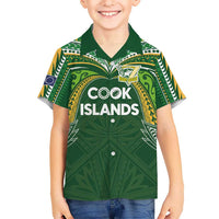 Custom Cook Islands Rugby League Family Matching Puletasi and Hawaiian Shirt Tatau Tribal Motifs-Dark Green Color LT03 Son's Shirt Green - Polynesian Pride
