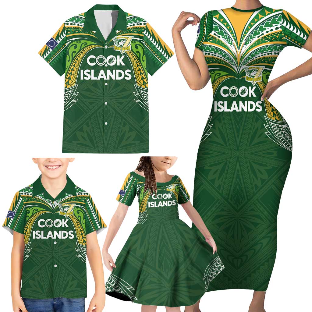 Custom Cook Islands Rugby League Family Matching Short Sleeve Bodycon Dress and Hawaiian Shirt Tatau Tribal Motifs-Dark Green Color - Polynesian Pride
