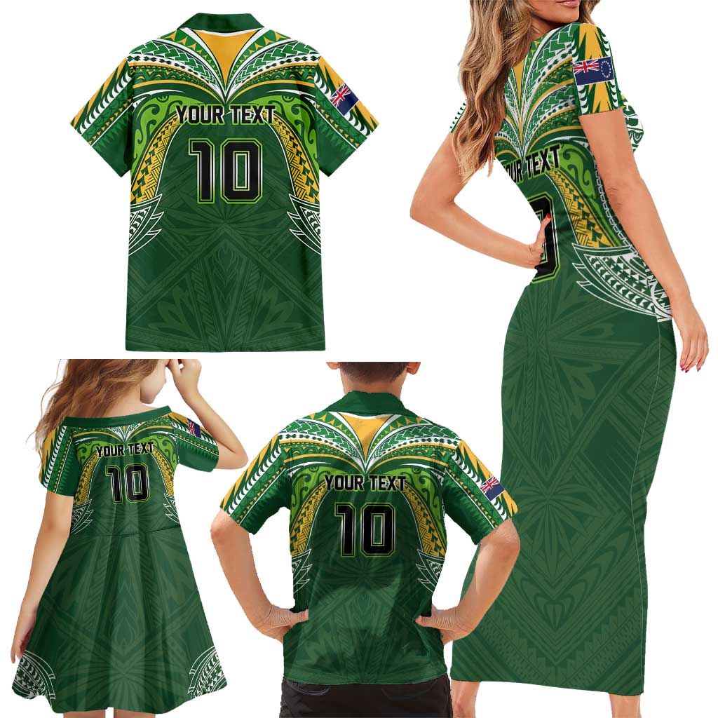 Custom Cook Islands Rugby League Family Matching Short Sleeve Bodycon Dress and Hawaiian Shirt Tatau Tribal Motifs-Dark Green Color - Polynesian Pride
